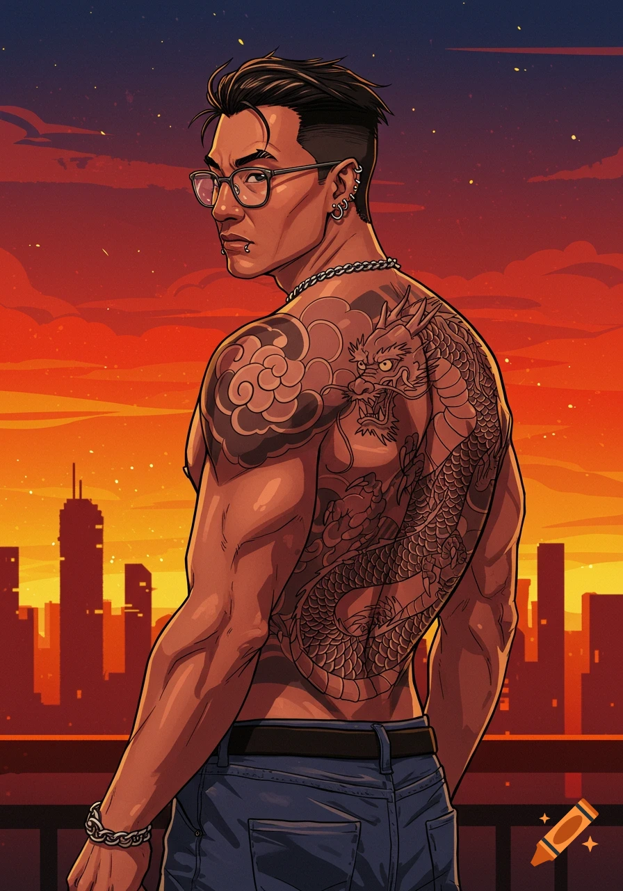 Illustration of a man with a dragon tattoo and piercings looking over a city skyline at sunset.
