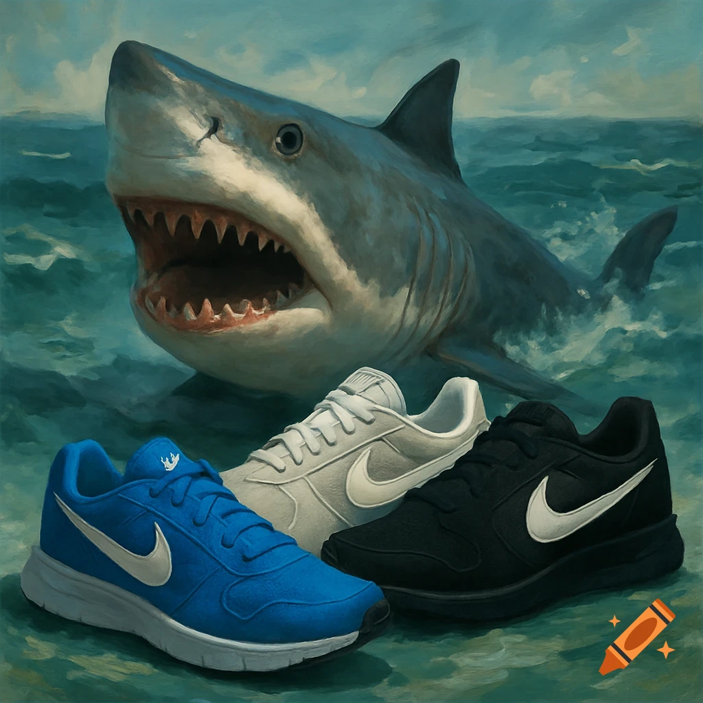 Painting of a shark and three shoes in the ocean.