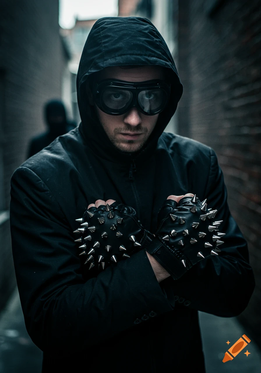Man in dark hooded jacket and goggles with spiked gloves in an alleyway.