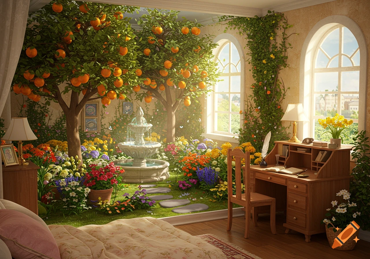 A bedroom with an indoor garden, featuring orange trees, flowers, a fountain, and a desk.