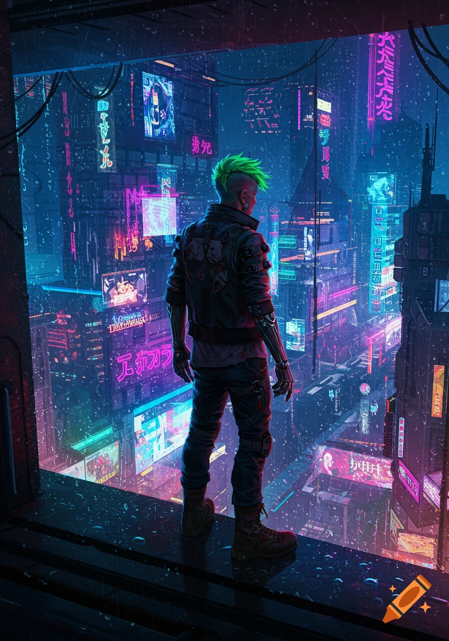 A person with green hair and a cybernetic arm stands on a ledge looking out at a neon-lit cyberpunk city in the rain.