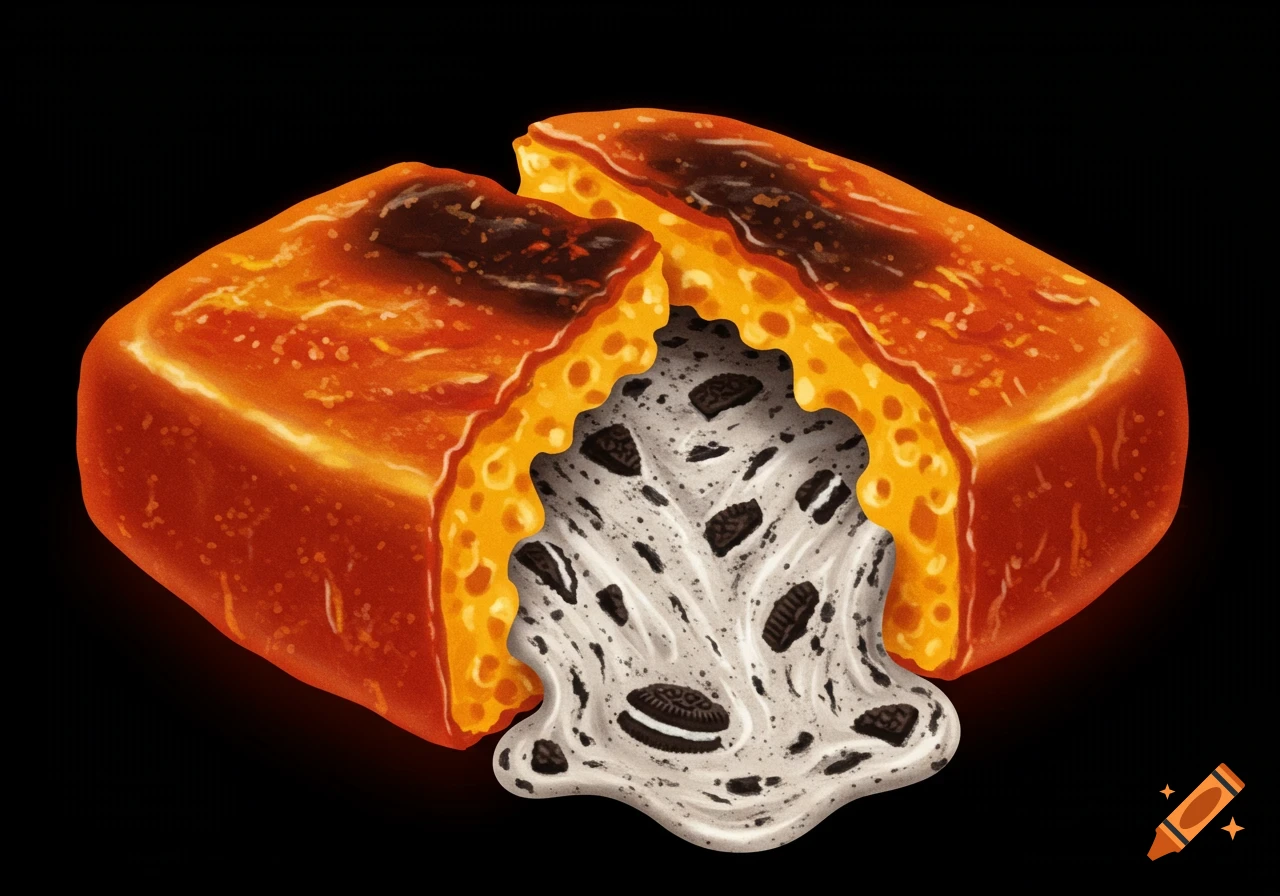 Split toasted brick shape filled with melting oreo ice cream, digital painting.
