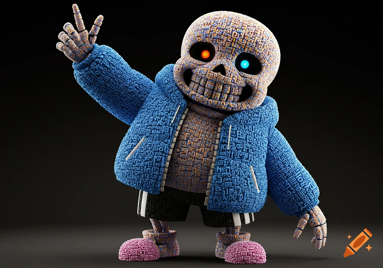 Stylized skeletal character wearing a blue hoodie and shorts, giving a peace sign, with body texture resembling letters.