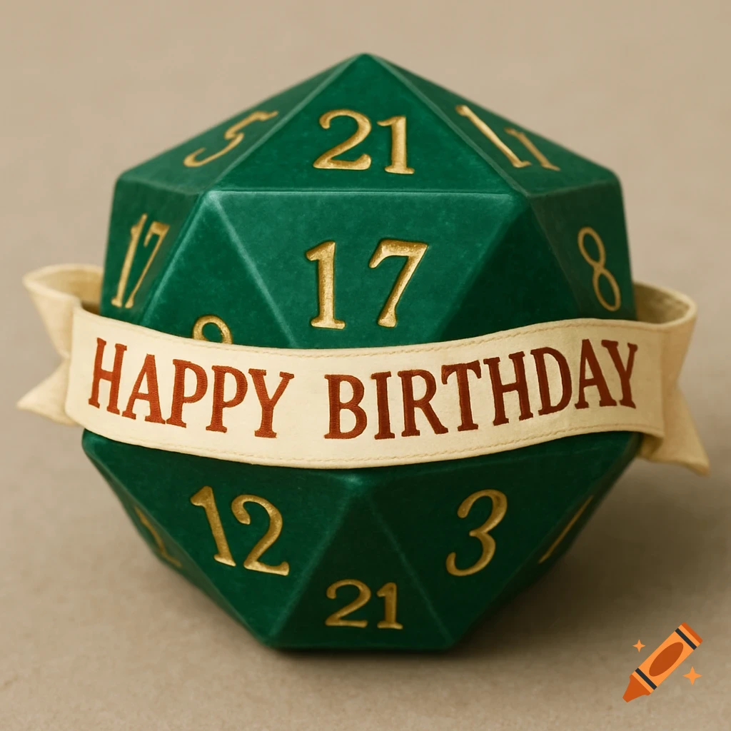 A green 20-sided dice with a banner wrapped around it saying HAPPY BIRTHDAY.