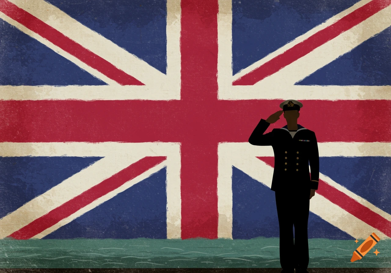 Silhouette of a sailor saluting in front of a textured Union Jack flag.