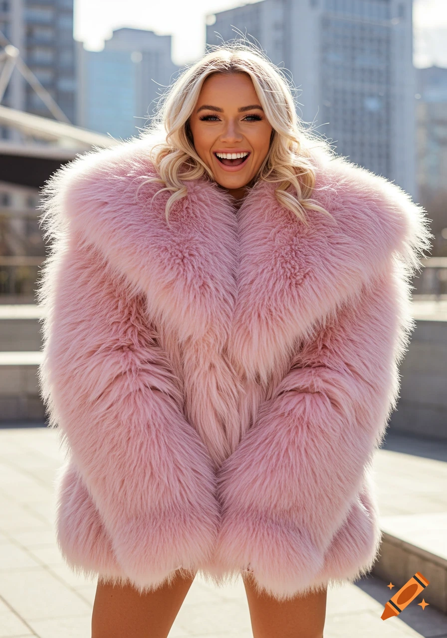 A smiling blonde woman wearing a large pink fur coat stands outside