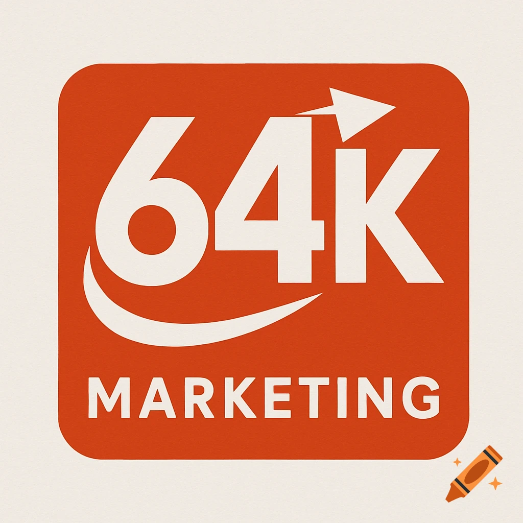 Logo on orange square with '64K' and 'MARKETING' text on a beige background.