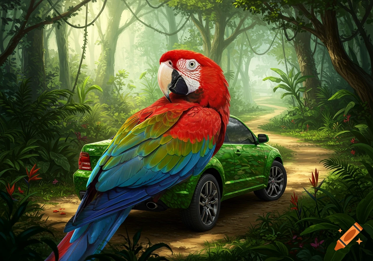 A large macaw parrot perched on a green car in a jungle scene.