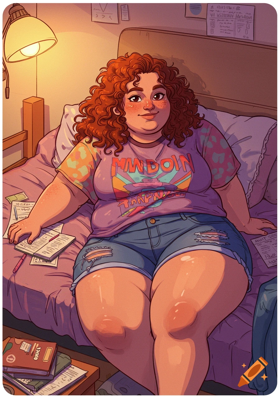 Cartoon illustration of a woman with red curly hair sitting on a bed surrounded by school books and papers.