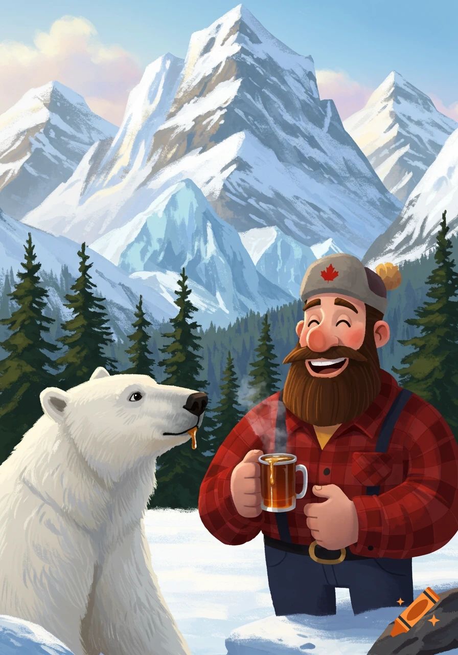 Cartoon illustration of a bearded man and a polar bear drinking in snowy mountains.