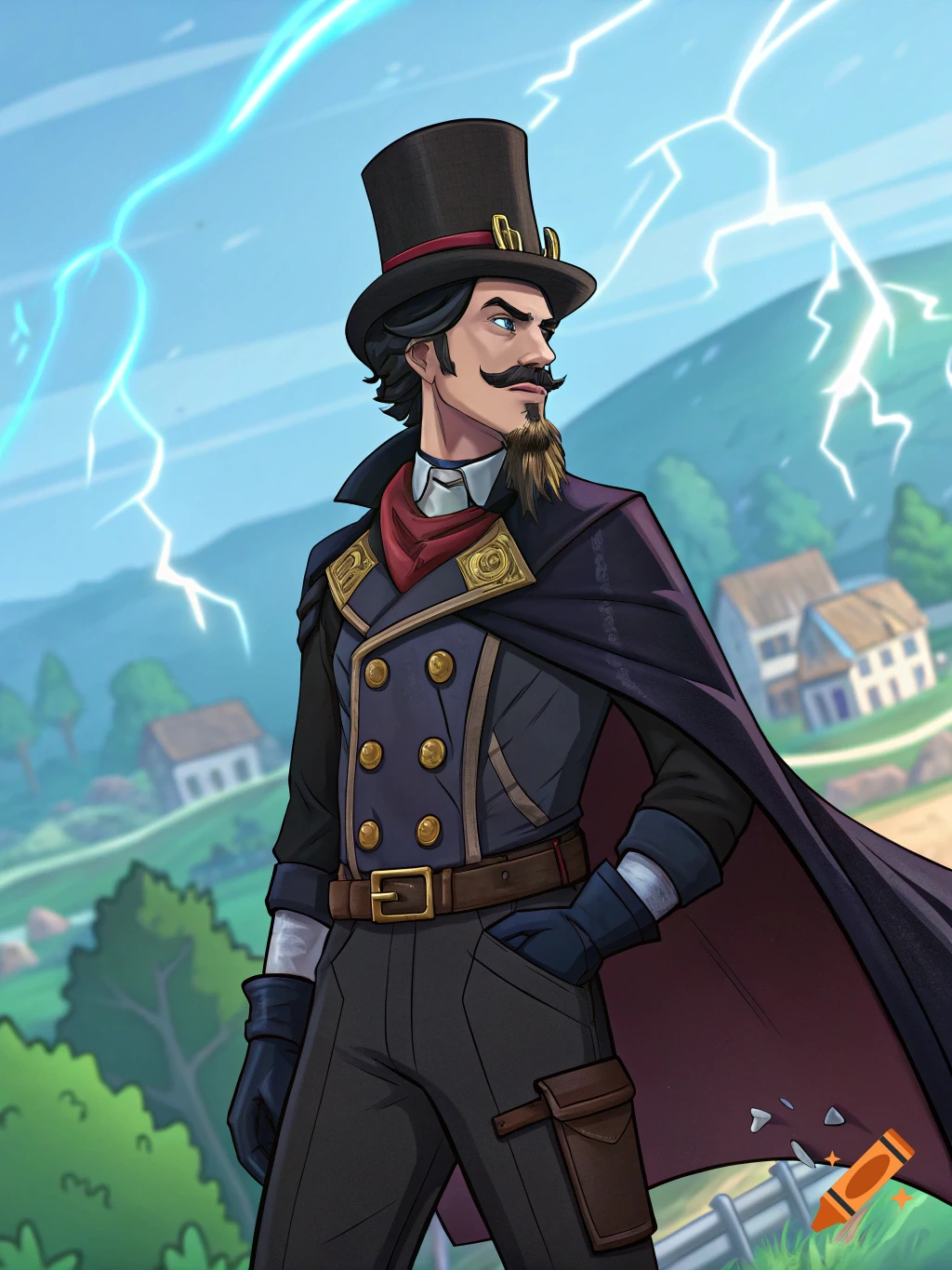 Stylized illustration of a man in a top hat and blue coat against a background of lightning and a rural village.