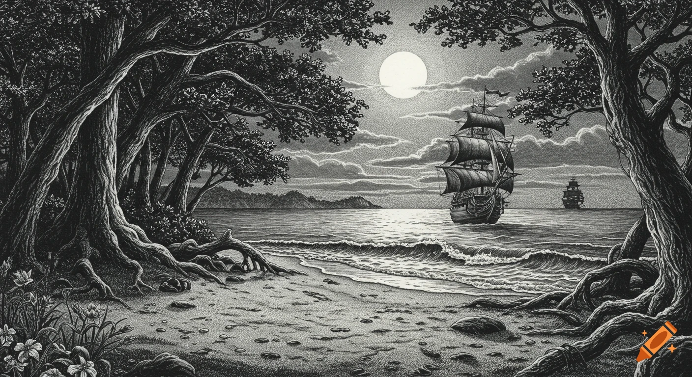 Black and white pen drawing of a moonlit beach, forest, and a pirate ship at sea.