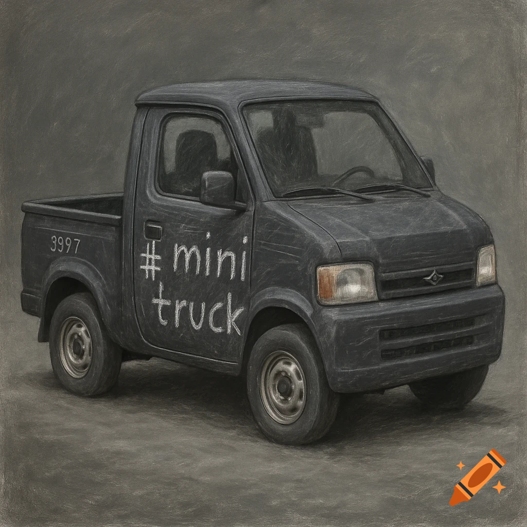 A drawing of a mini truck with '# mini truck' written on the side in white chalk.