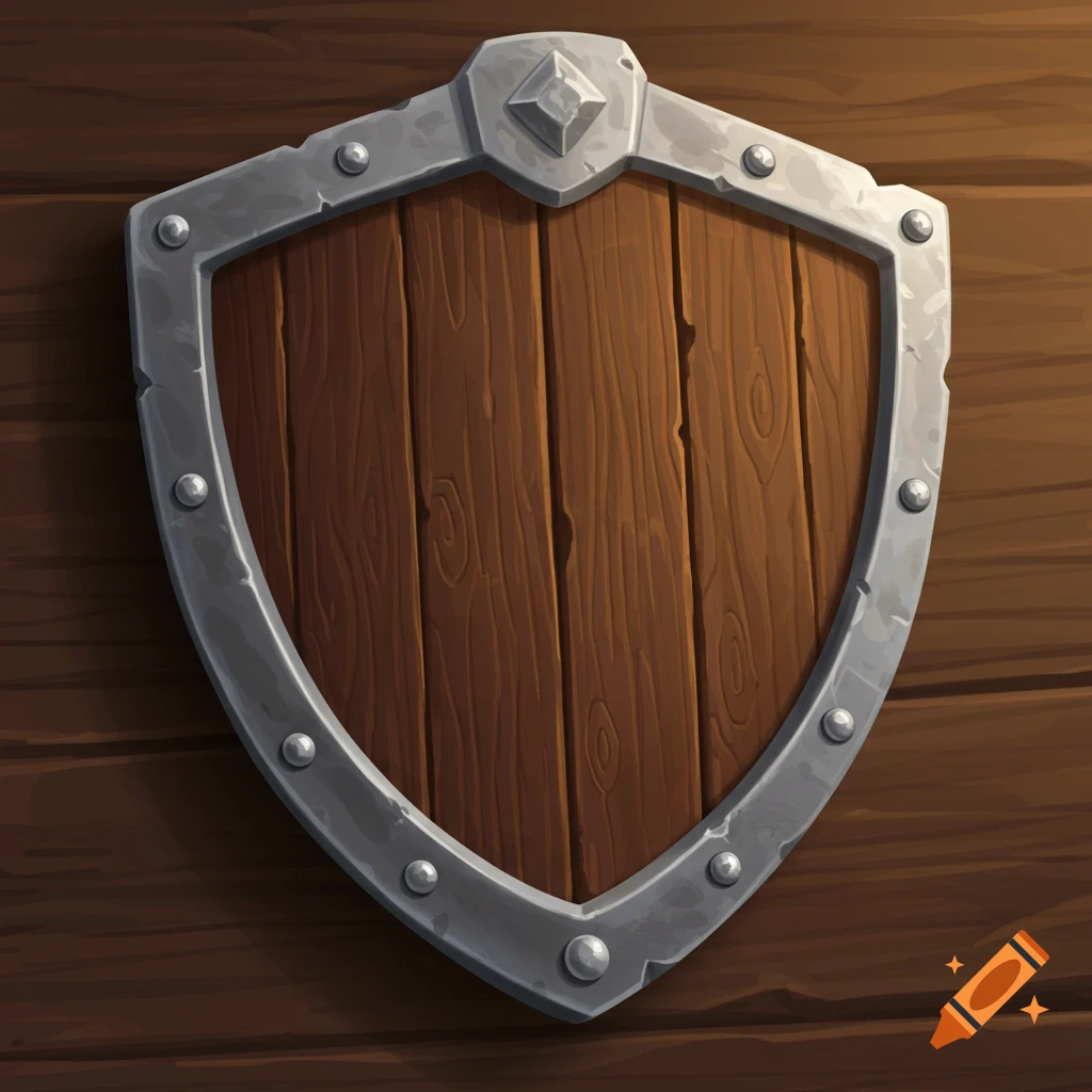 A brown wooden shield with silver metal trim and studs sits against a wooden background, digital art style.