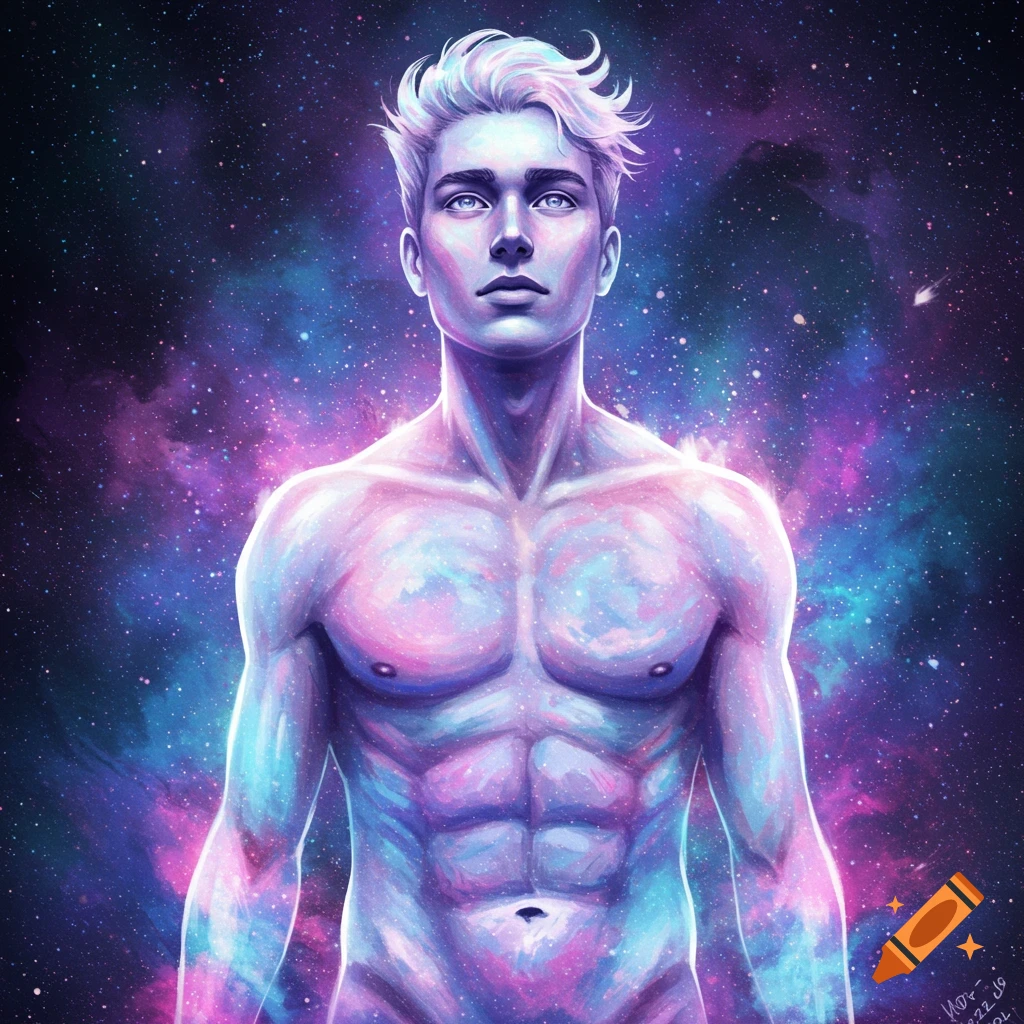 A man with a colorful galaxy-like body stands against a starry background.