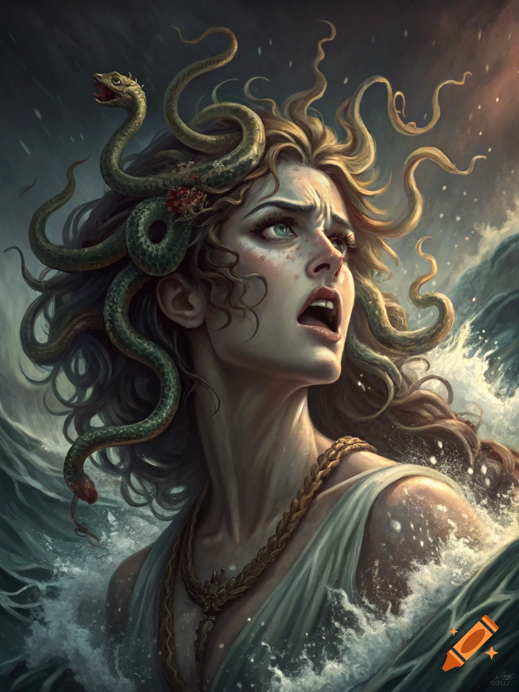 Close-up portrait of Medusa with snakes for hair, looking distressed in stormy water, painterly style.
