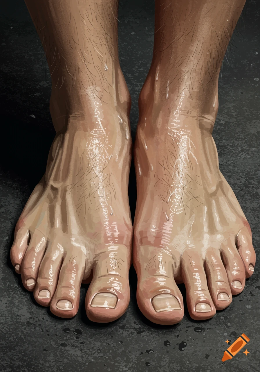 Close-up illustration of two sweaty, hairy feet on a dark floor.