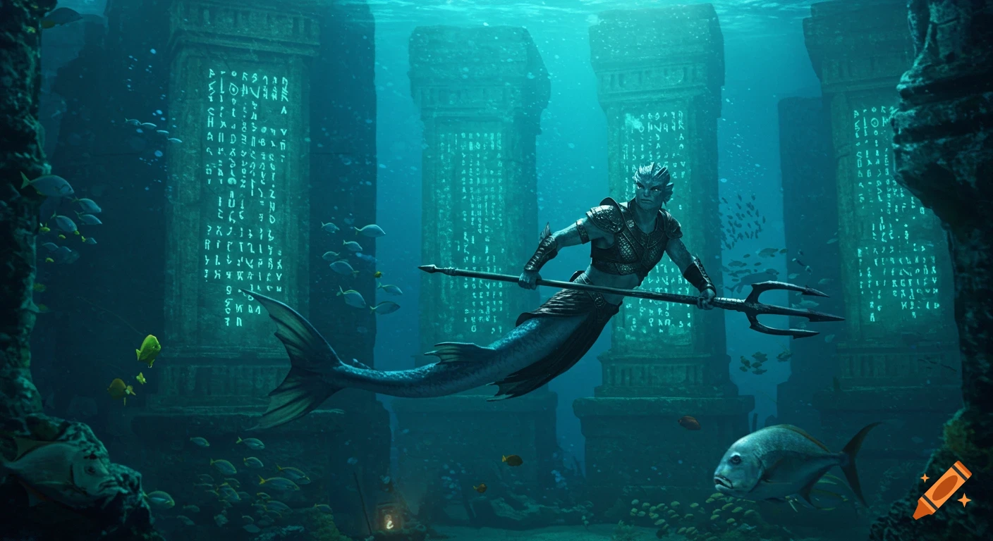 A merman warrior with scales, armor, and a trident swims through an underwater temple with glowing runes on columns, surrounded by fish.