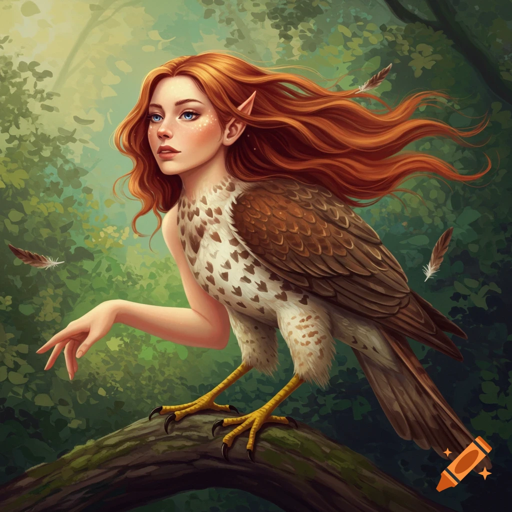 A woman-hawk hybrid perches on a forest branch.