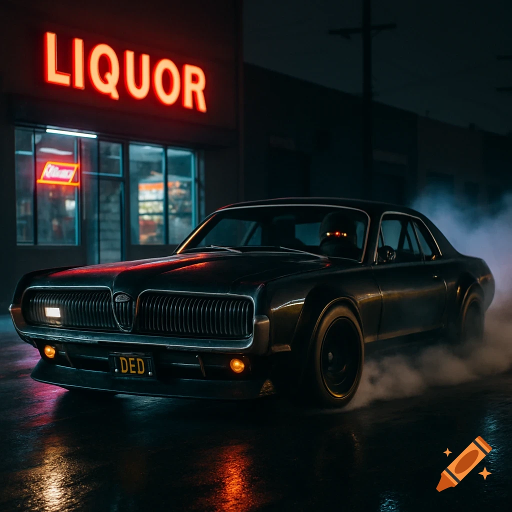 A black 1967 Mercury Cougar drifts on a wet urban street at night in front of a neon liquor store sign, driven by a figure with red glowing eyes.