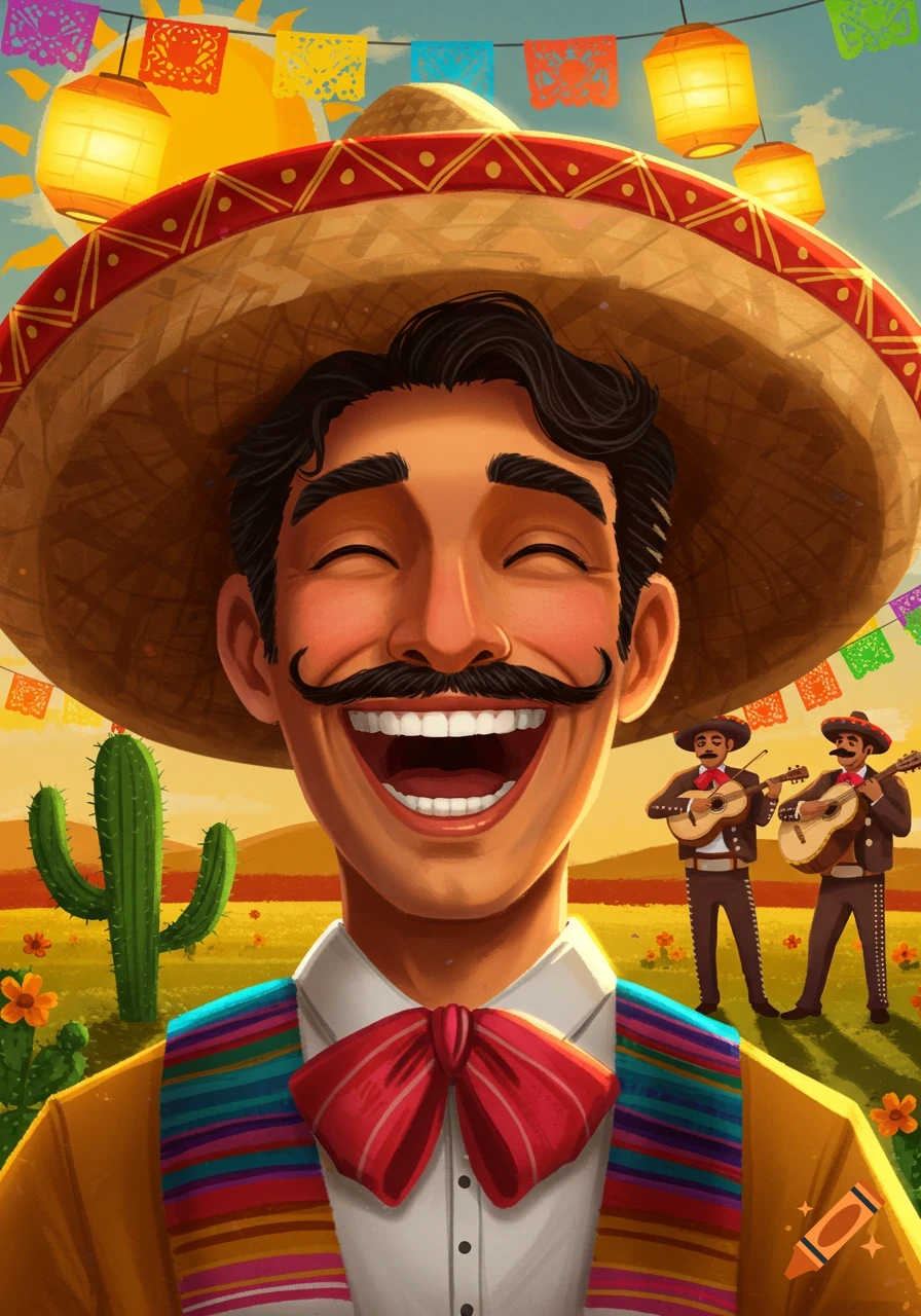 Close-up illustration of a happy man in a sombrero laughing, with mariachi players and a cactus in the background.
