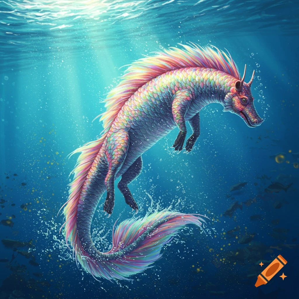 Iridescent mythical creature swims towards the surface underwater.
