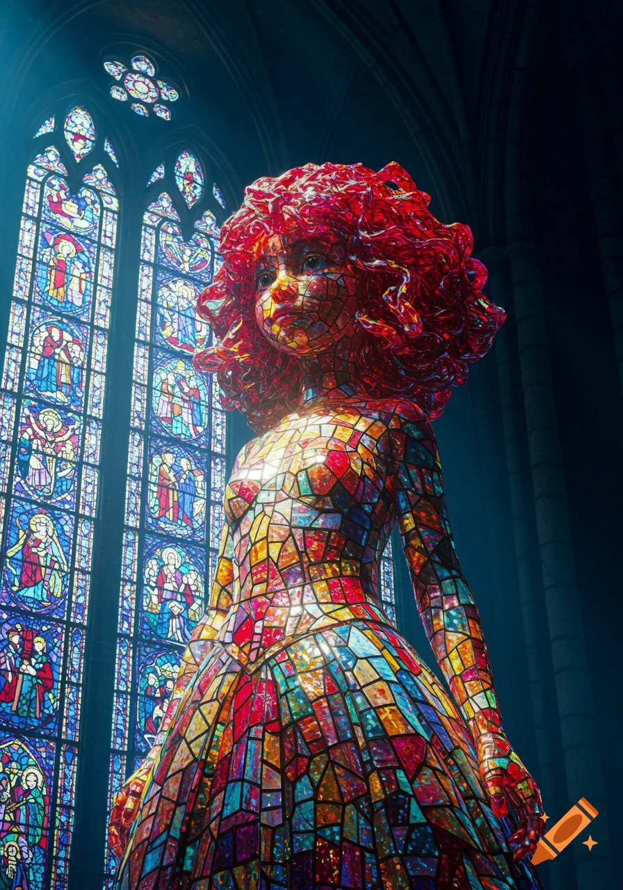 Figure made of stained glass standing in front of a large stained glass window in a church with dramatic lighting.