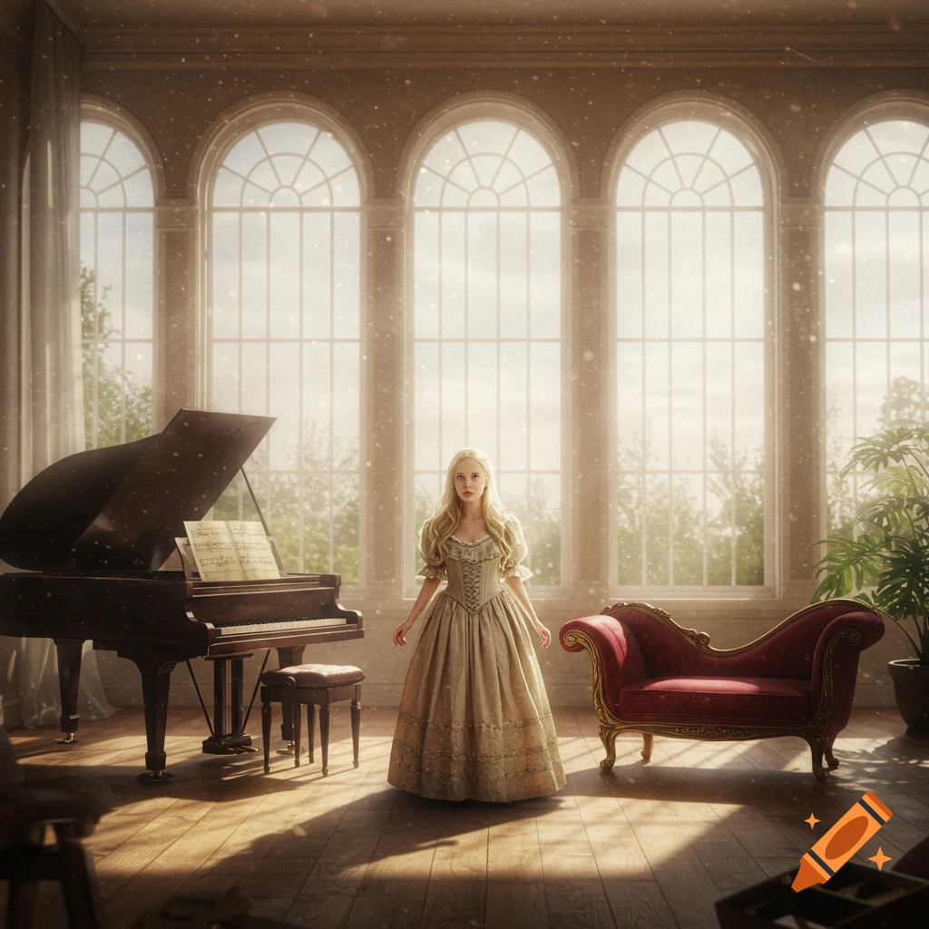 A woman in a historical dress stands beside a grand piano in a sunny room with large windows.