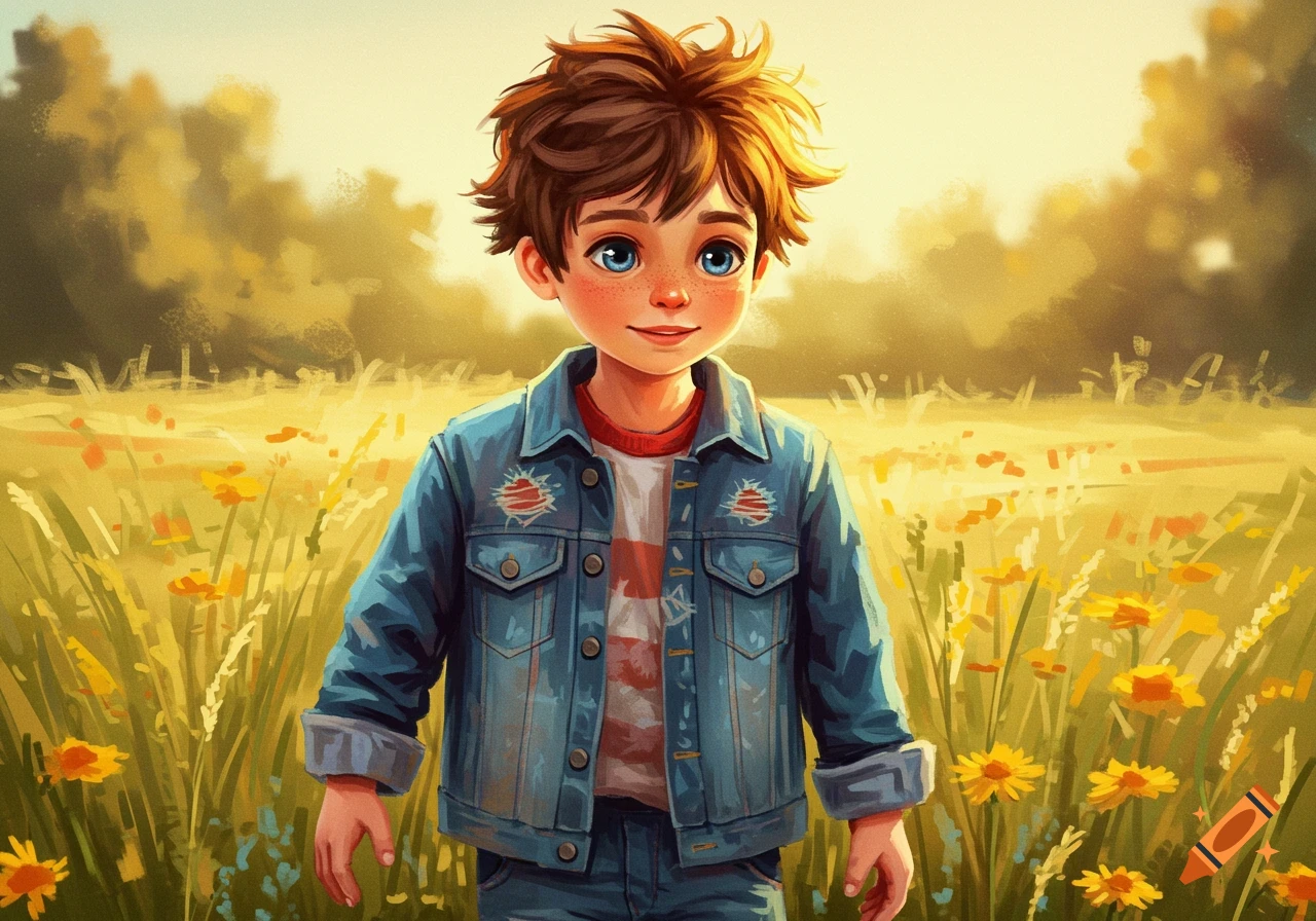 Illustration of a boy in a denim jacket standing in a field of flowers.