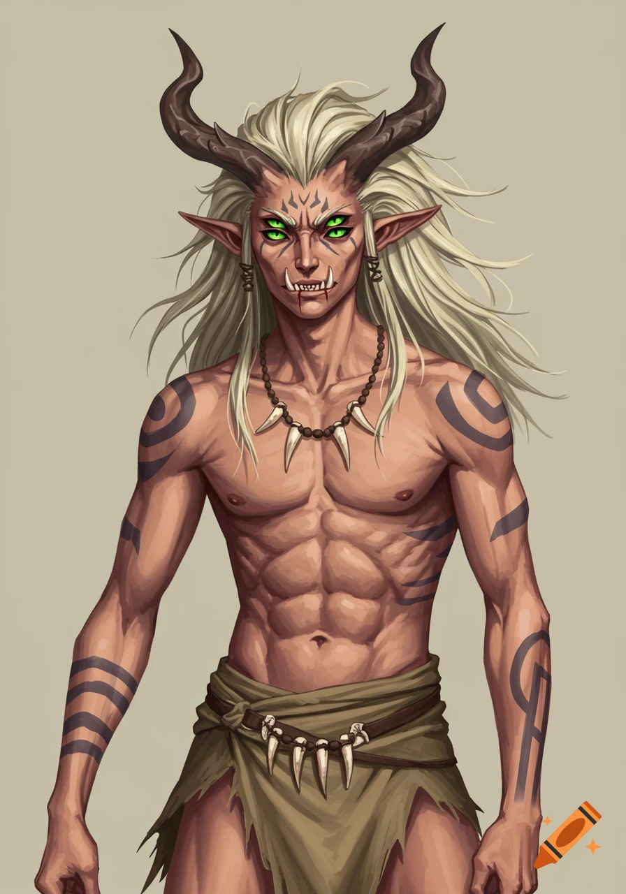 A fantasy creature with horns, four green eyes, tribal tattoos, and minimal clothing.