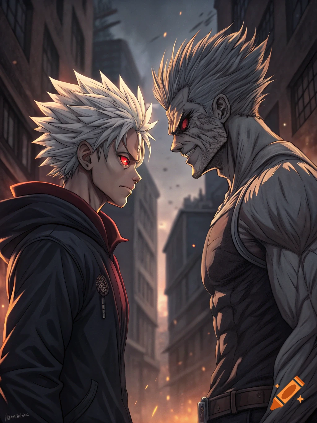 Anime style image of two male characters, one with white spiky hair, facing each other intently in an urban setting.