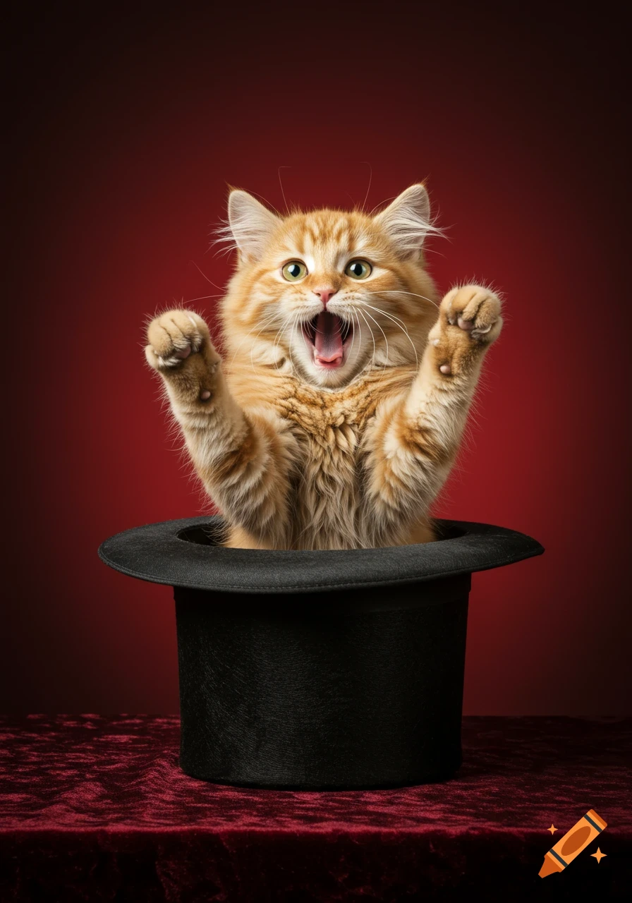 Photorealistic image of an orange cat popping out of a top hat with paws raised and mouth open.