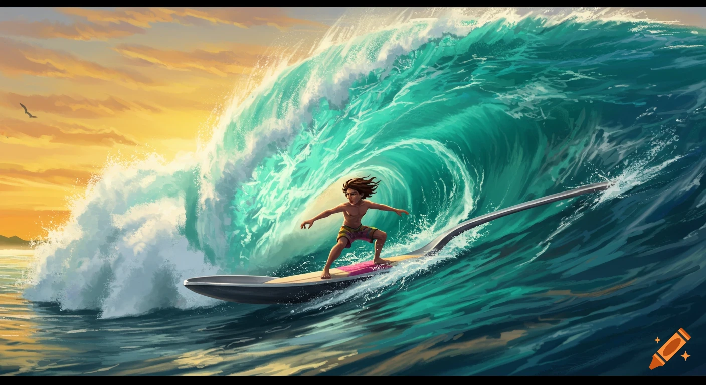 A person is surfing a large wave on a giant spoon.