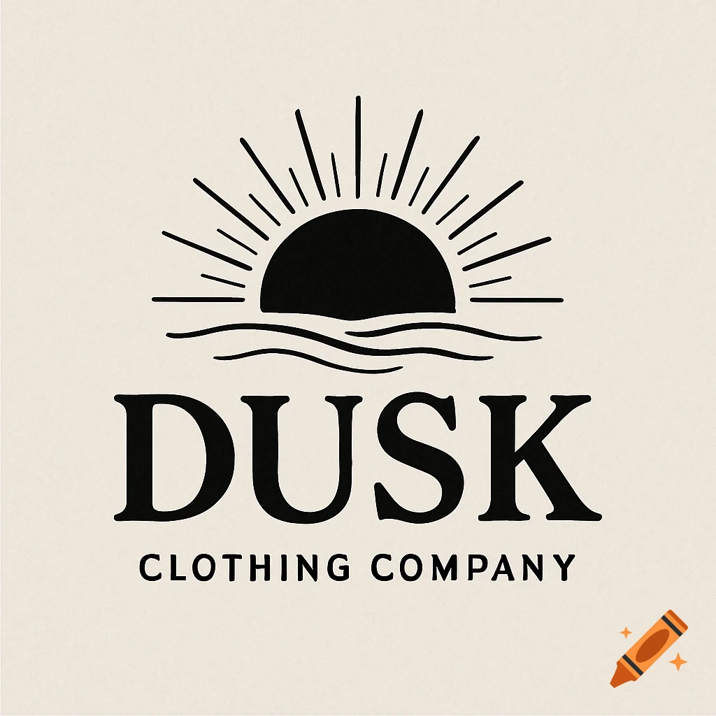 Black and white minimalist logo with a stylized sun setting over waves and the text DUSK CLOTHING COMPANY