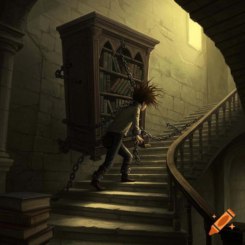 A person chained to a large bookcase struggles up a dark stone staircase in a fantasy style.