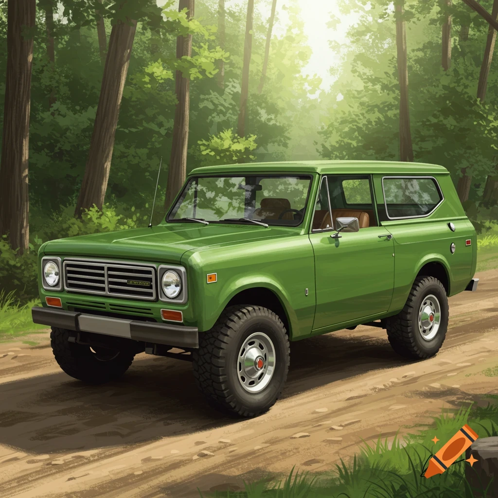 a green International Scout 80 driving on a dirt road in a sunlit forest.