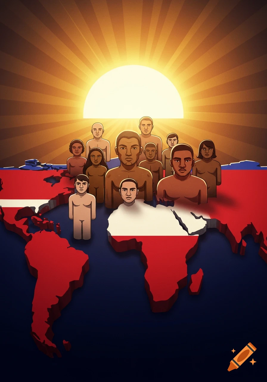 Stylized people stand on a world map with a large sun behind them.