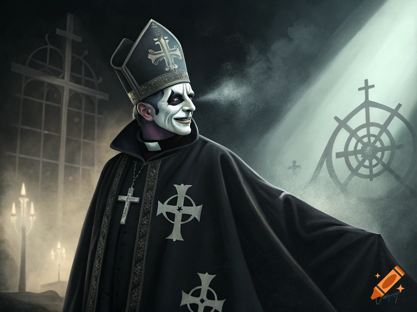 Papa Emeritus III from Ghost in dark liturgical attire with face paint, standing in a misty, church-like setting.