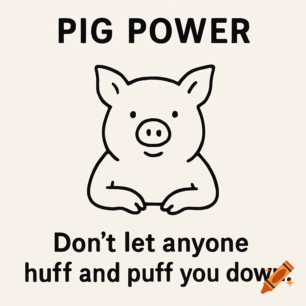 Minimalist illustration of a pig with the text 'Pig power: Don't let anyone huff and puff you down.'