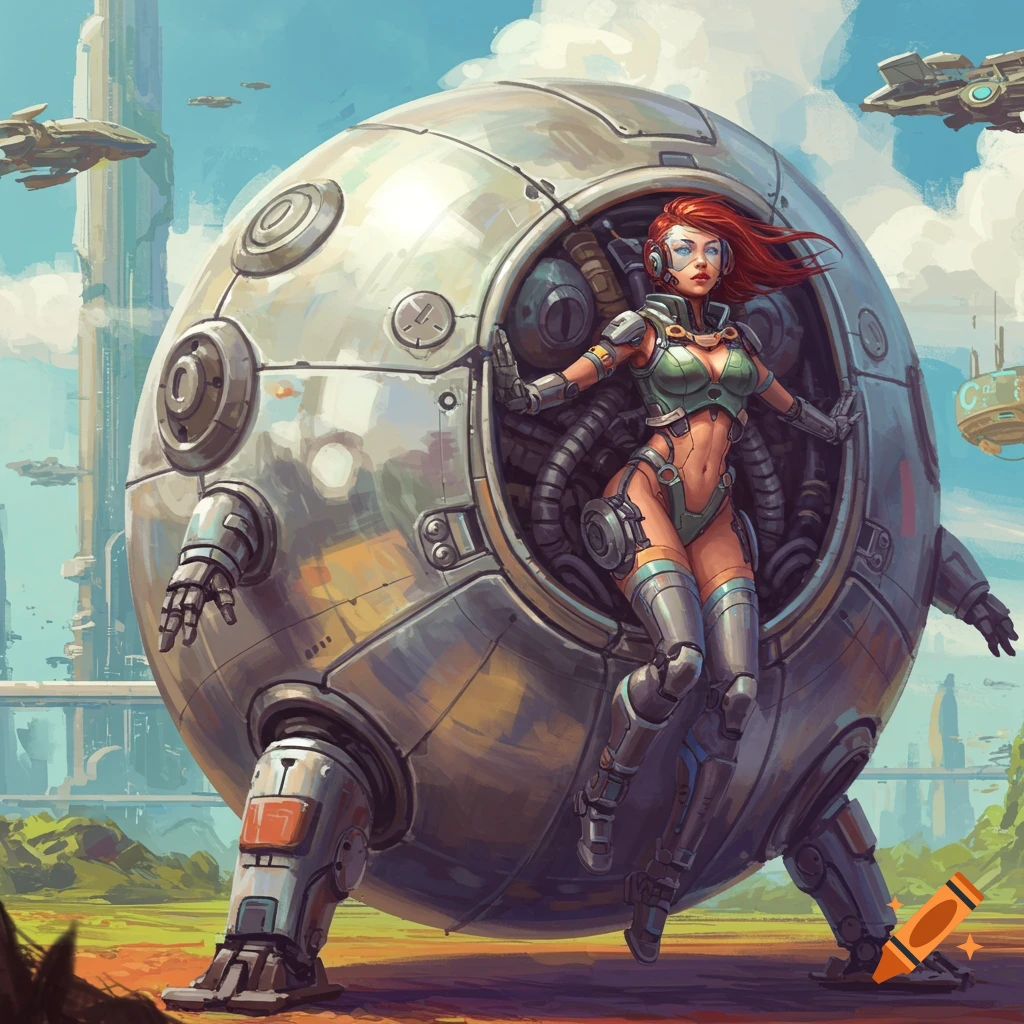 A red-haired woman in a green and silver suit emerges from a large, round metallic mech in a futuristic city landscape.