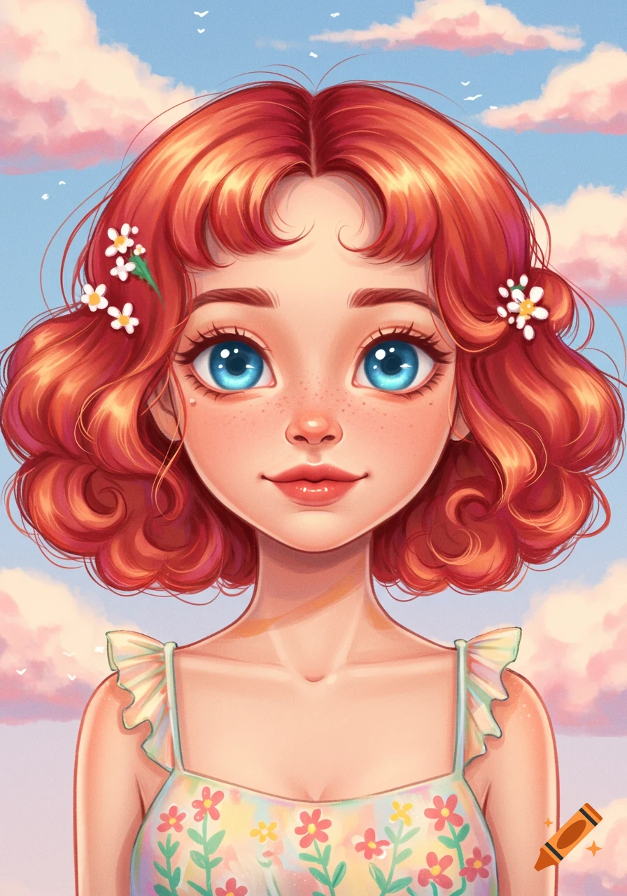 A girl with red hair, blue eyes, freckles, wearing a floral dress, against a cloudy sky.
