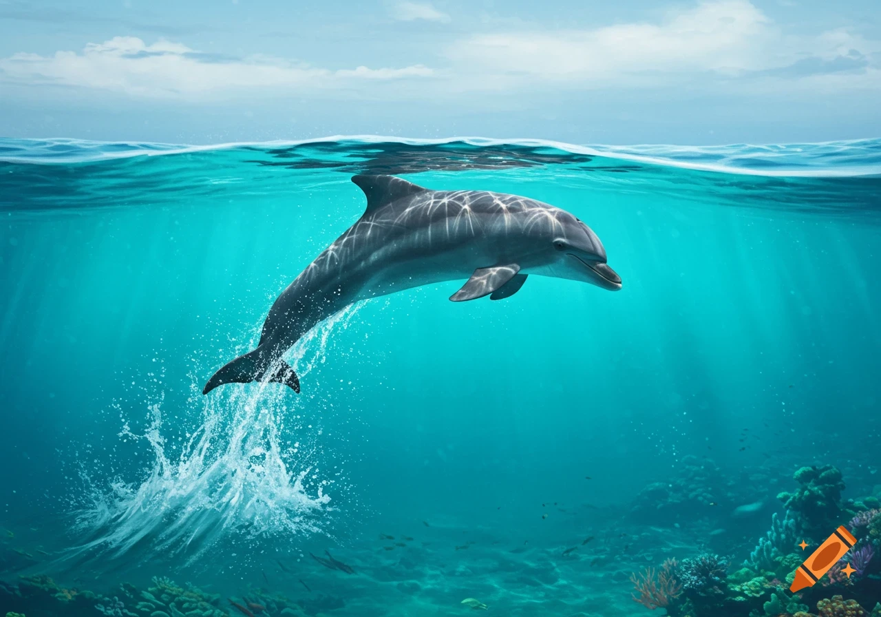 A dolphin leaps from clear blue ocean water, with coral and fish visible below.