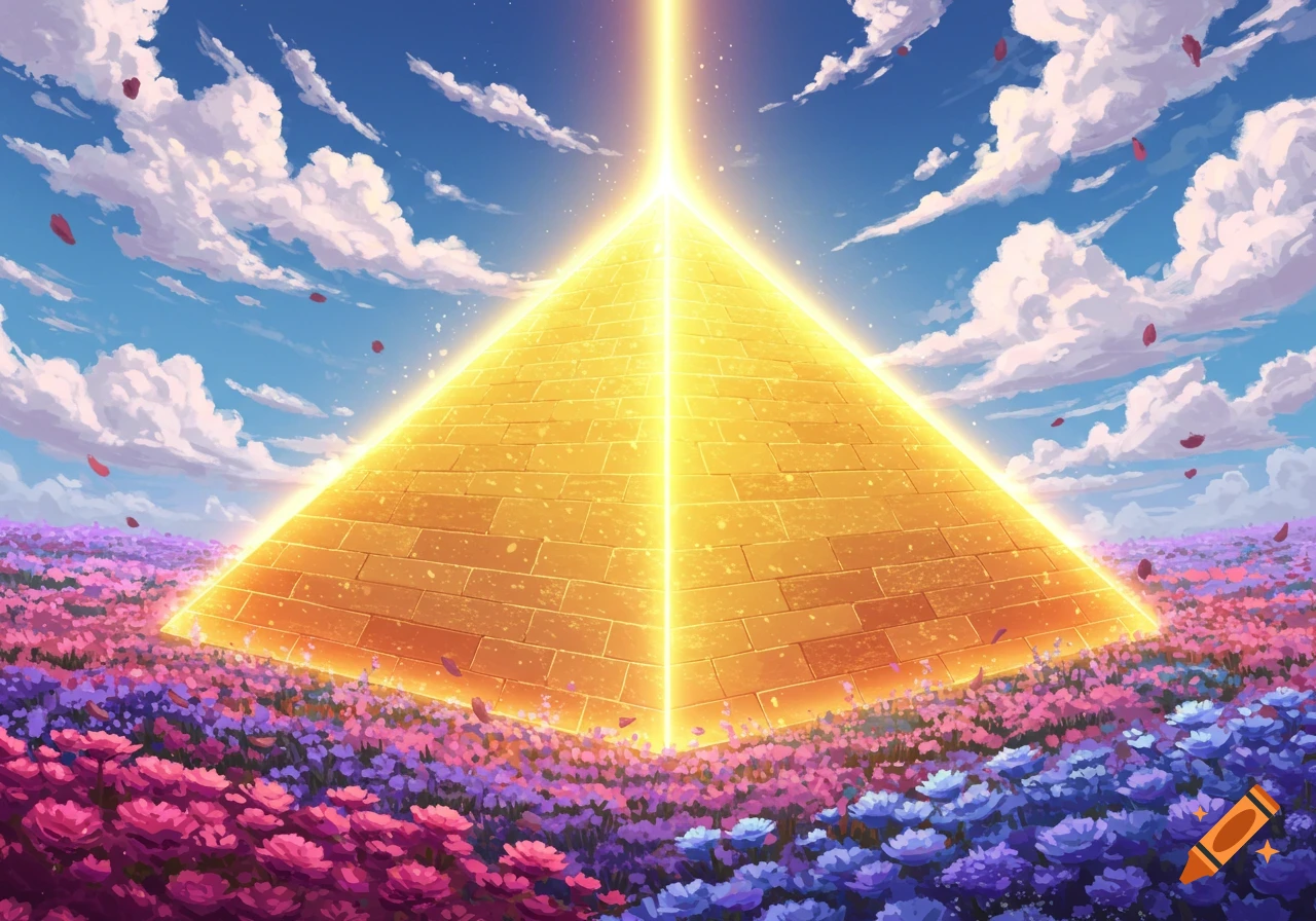 A golden pyramid bathed in bright light in a field of purple and pink flowers under a cloudy blue sky.