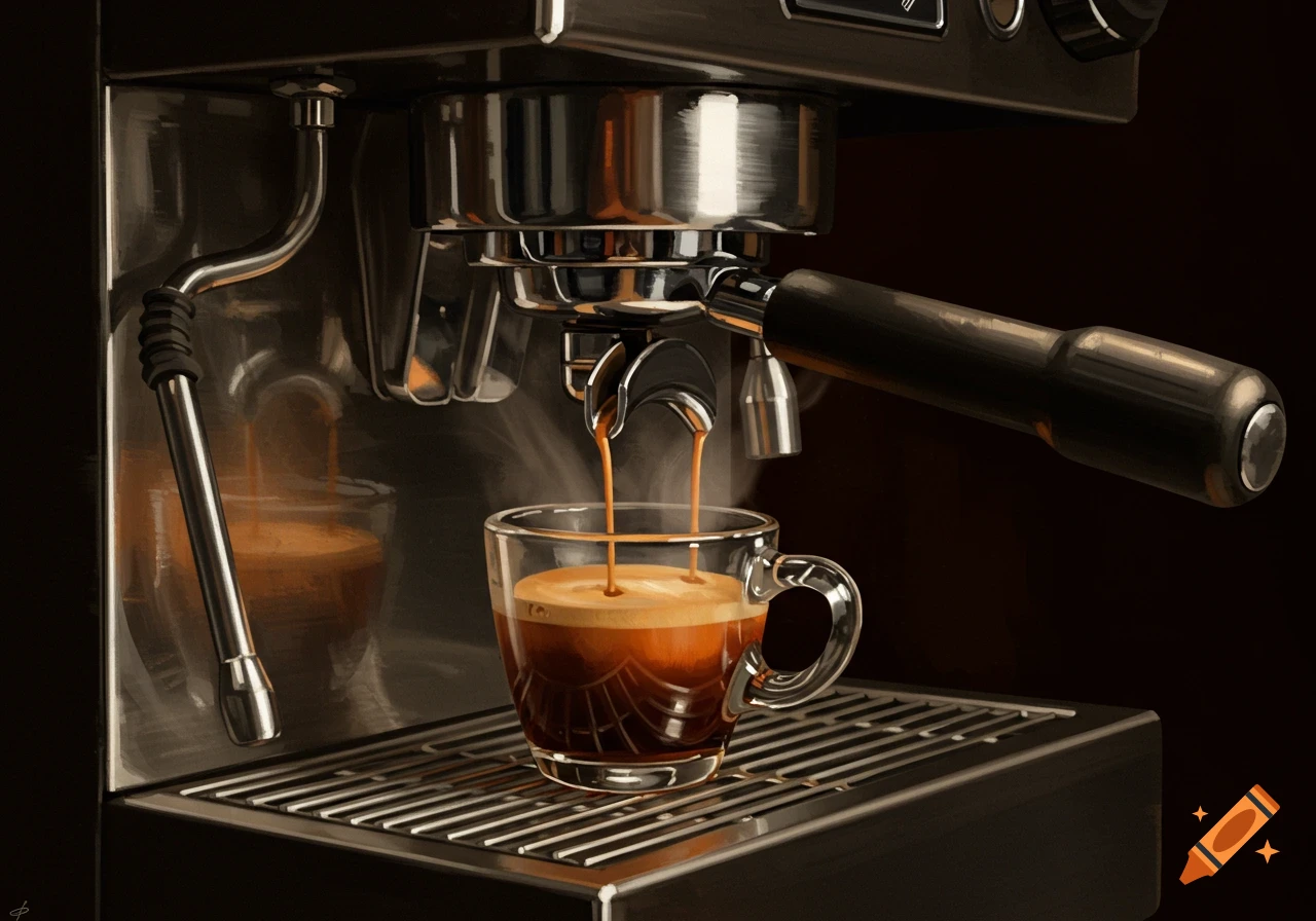 An espresso machine pouring coffee into a glass cup