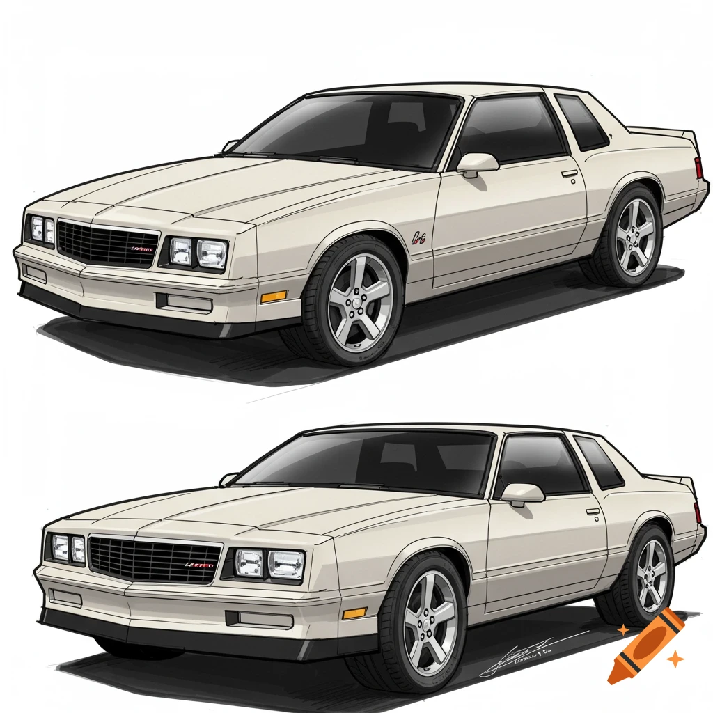 Two illustrations of a white classic coupe car concept.