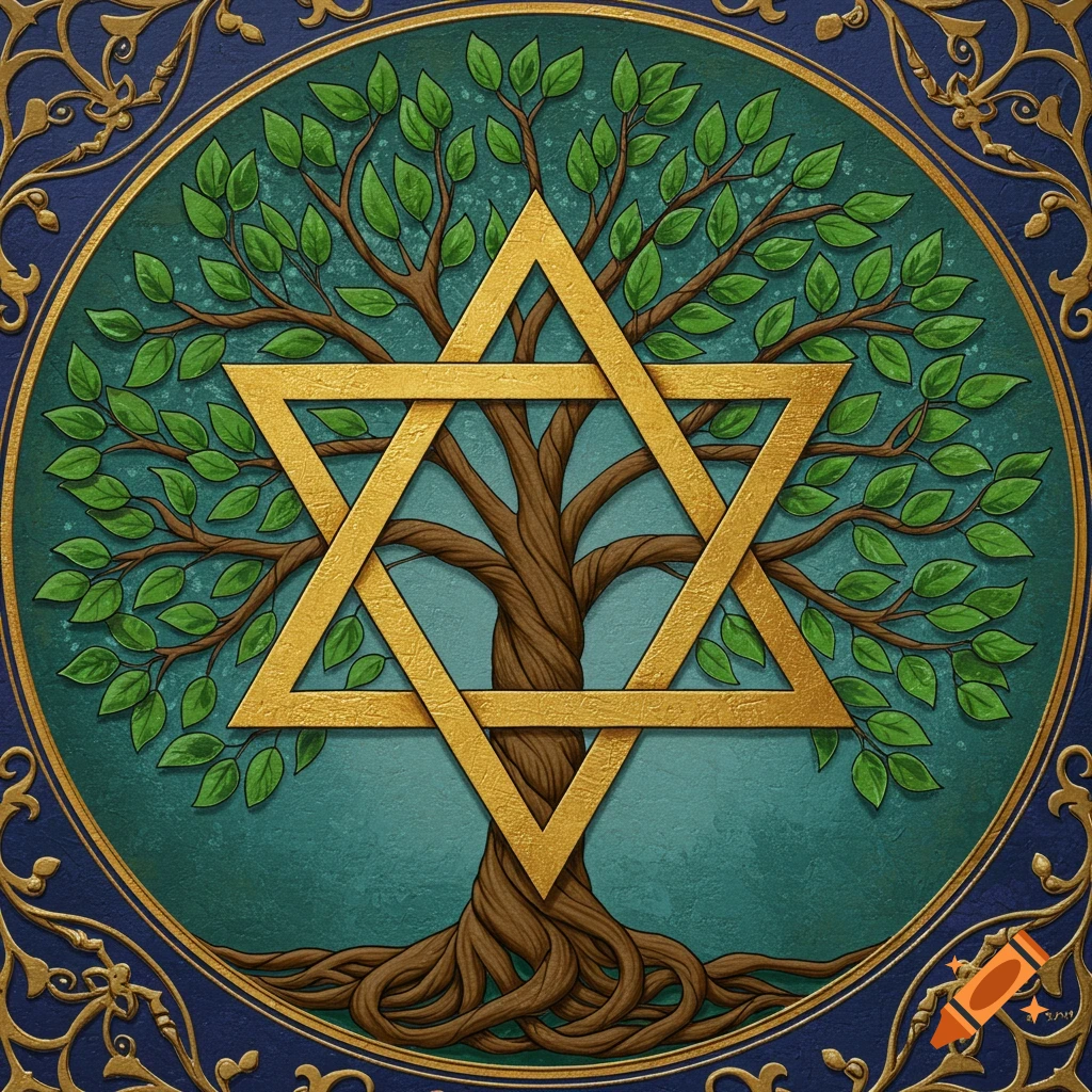 A detailed illustration of a tree of life with a gold Star of David centered on it, within a decorative circular border.