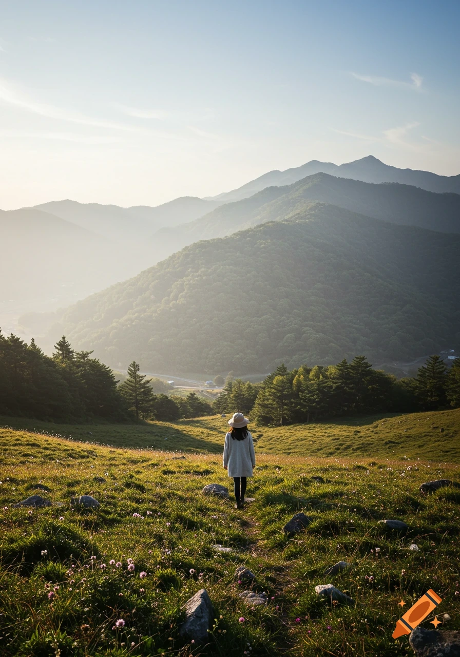 Person walks up a grassy hill toward mountains at sunrise.