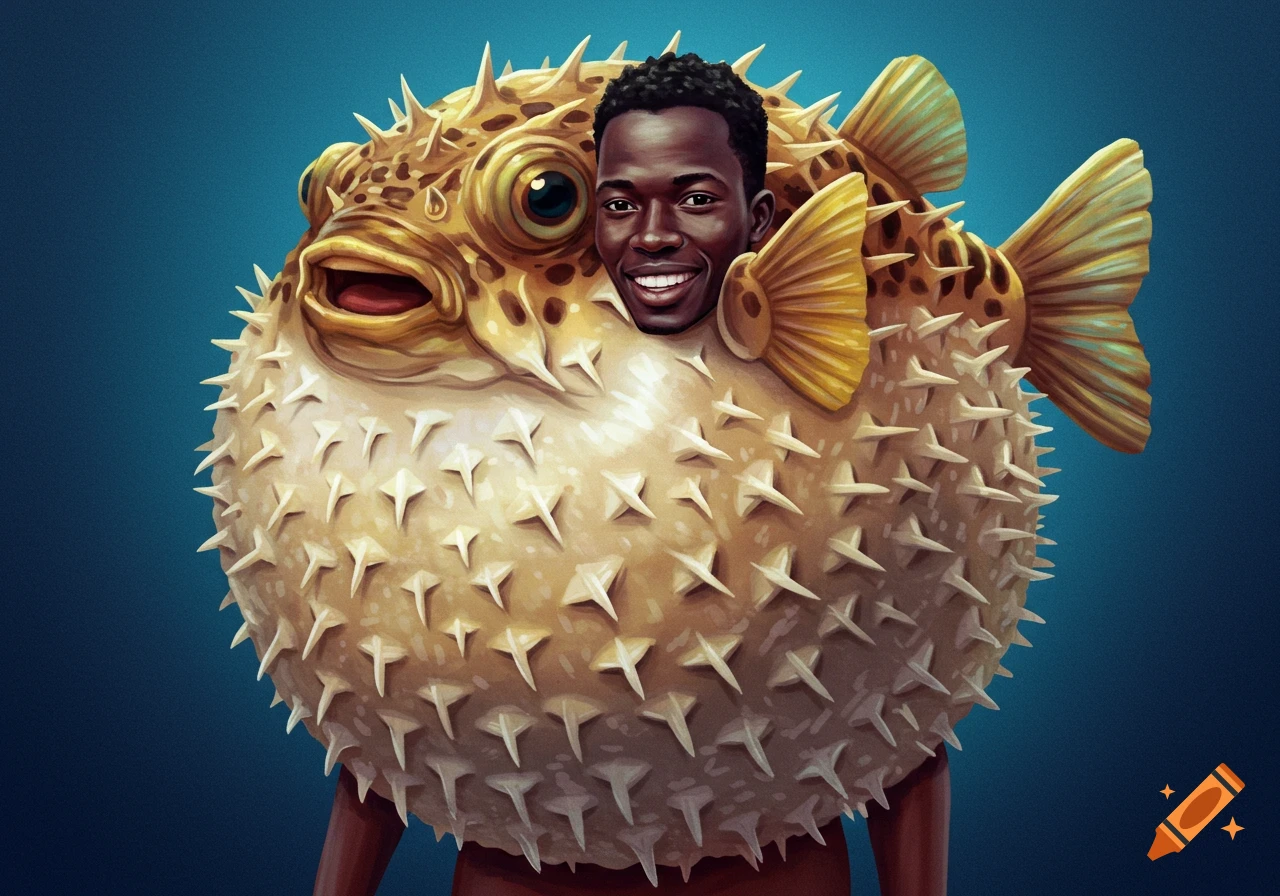 smiling man wearing a pufferfish suit