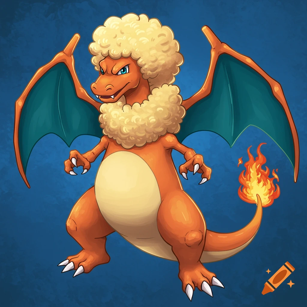 Cartoon Charizard with blonde curly hair and matching fur ruff against a blue background.