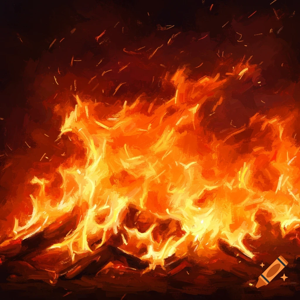 Close-up of a vibrant fire with glowing embers and sparks in a painterly style.